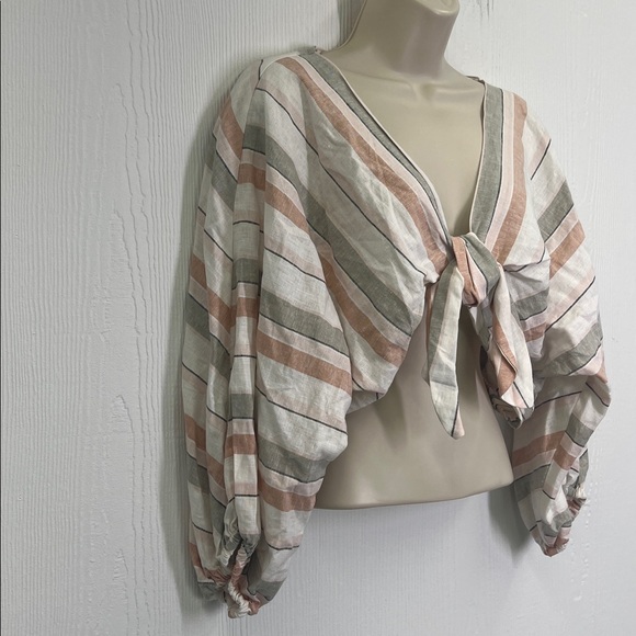 Zara - Striped Colorful Linen Blend Long Sleeve Crop Tie Blouse Size Medium - Picture 3 of 8